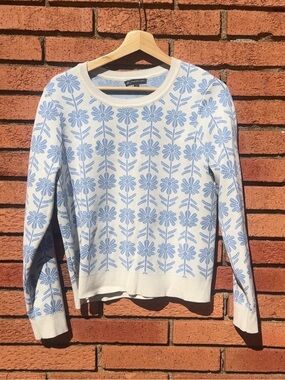 Adrianna Papell Blue Floral Knit Sweater Large